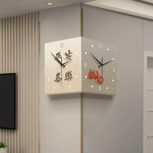 平安喜乐双面拐角挂钟客厅免打孔静音创意时钟壁灯画转角钟表挂墙 - 图0
