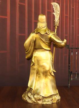 黄铜关公像摆件武财神爷像关羽办公室公司开 业托 托聚宝盆立刀关