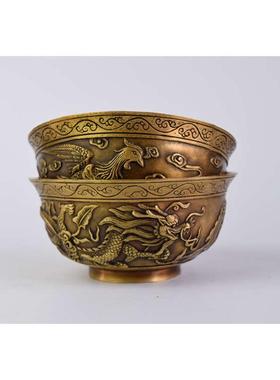 纯铜碗摆件龙碗凤碗工艺品黄铜铸造仿古做旧碗碗风水碗包邮