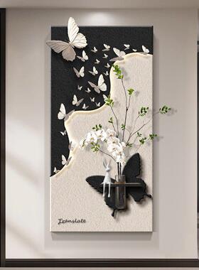 水培绿植玄关装饰画黑白入户正对门挂画高级感走廊过道壁灯画蝴蝶