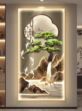 包安装进门入户玄关装饰画迎客松挂画带灯走廊过道墙壁画LED灯画