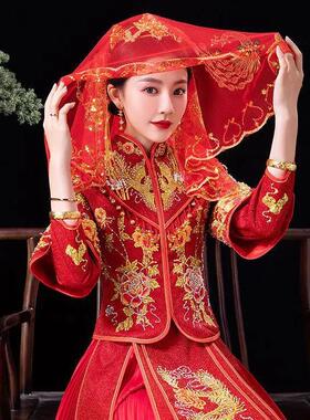 中式婚礼盖头秀禾服红盖头抖音网红纱盖头新娘头纱红色结婚透明纱