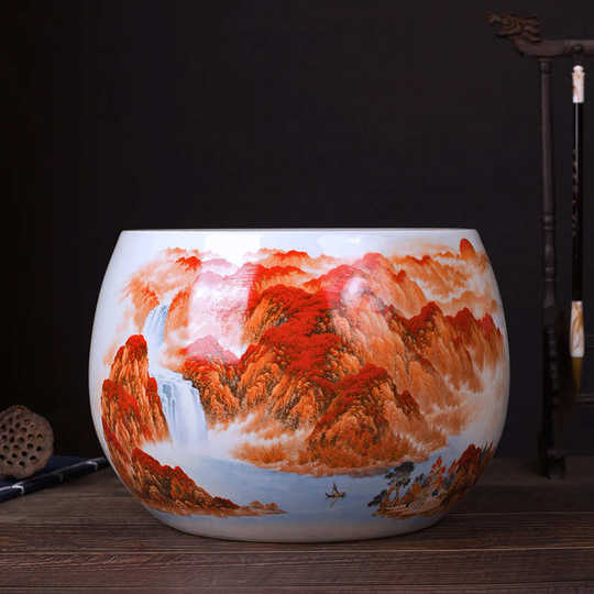 客厅家居摆设聚宝盆景德镇摆件粉彩电视柜缸玄关装饰品陶瓷器创意