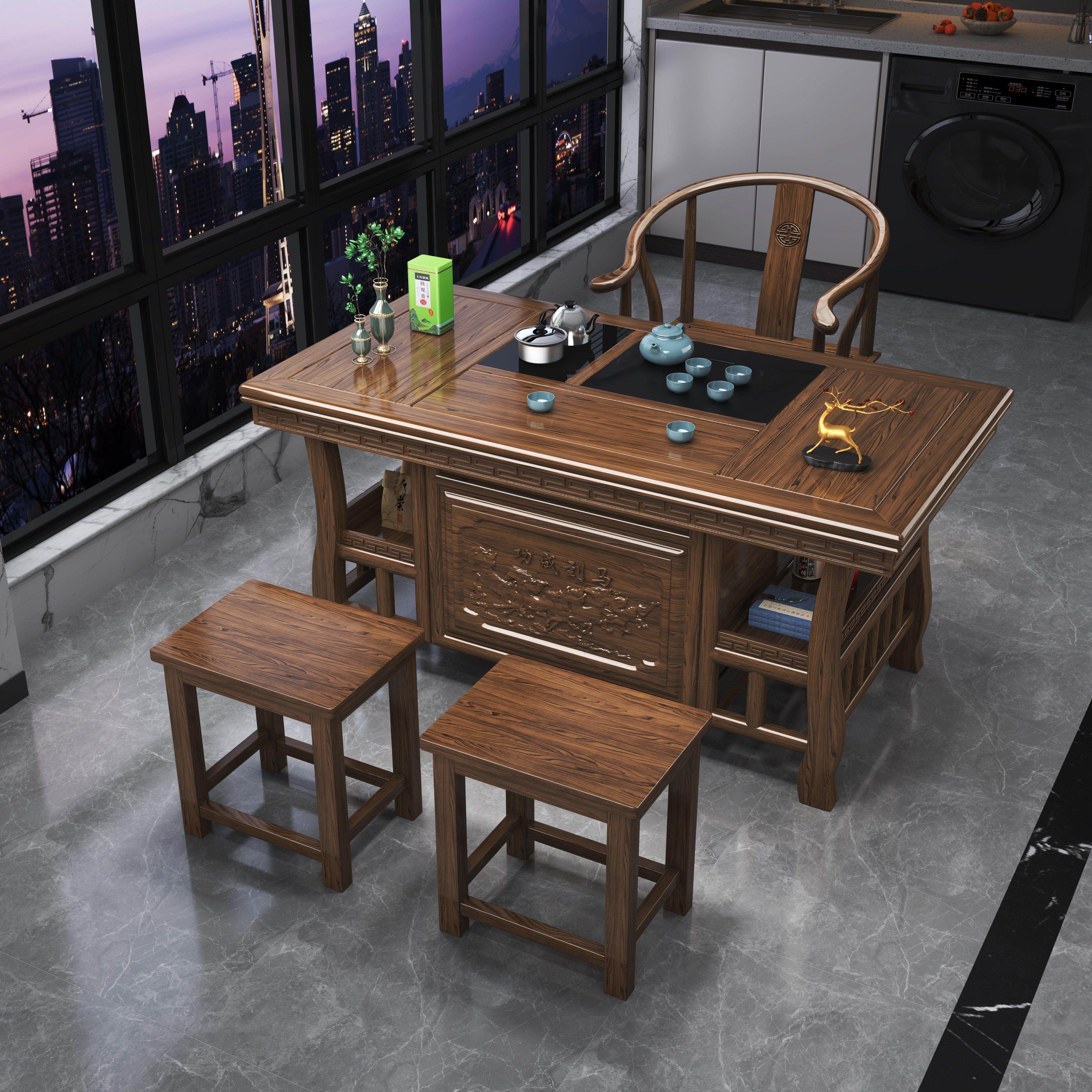 New Chinese-style solid wood tea table and chair combination small apartment tea brewing tea table and water boiling tea table tea set set