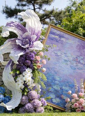 紫色仿真花玫瑰花假花莫奈花园纸艺花装饰摆件仿生花艺氛围造景