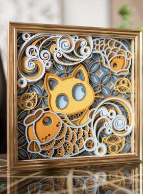 梯木叠雕招财猫创意玄关客厅装饰品摆件高级感小众乔迁礼品工艺礼