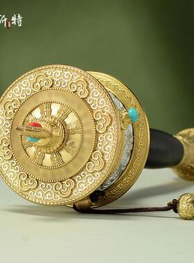 欧斯特铜制手摇转轮彩珠镶嵌手持转筒转动金桶摆件