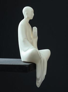 禅意白瓷小和尚家居客厅玄关新中式装饰摆设陶瓷小僧桌面人物摆件