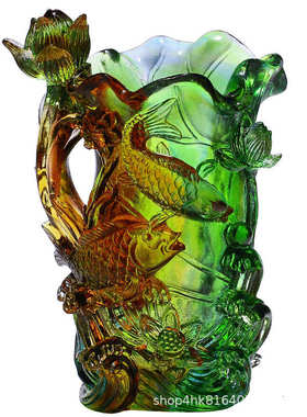 琉璃莲花鱼戏荷间干花瓶摆件玻璃工艺品客厅插花乔迁新居礼品高档