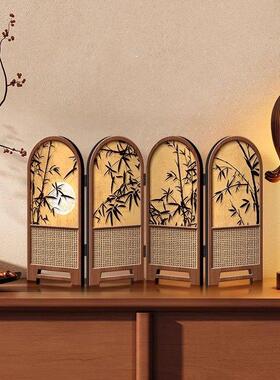 小屏风摆件中古风竹子新款桌面摆台画 画折叠折屏高级感电视柜装