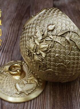 黄铜双鱼茶叶罐带盖茶道茶具桌面摆件锦鲤茶叶罐聚宝盆客厅摆件