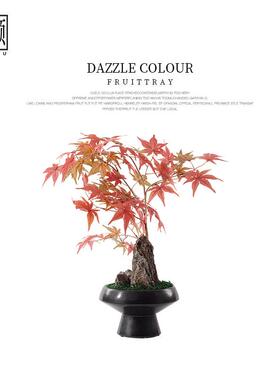 新中意式HY1205楼禅样板房软装饰售处玄品关仿真花艺红枫树山石盆