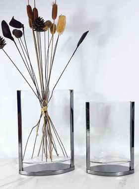 现代简约扁平透明玻璃花器样板房售楼处客厅餐厅桌面玄关花瓶摆件