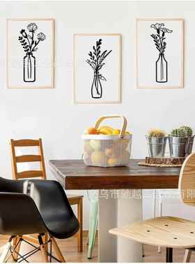 跨境客厅花瓶金属工艺品艺术装饰壁挂黑色简约花朵墙壁铁艺剪影