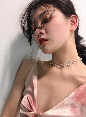 复古双层珍珠叠戴choker项链女高级感配裙子时髦锁骨链脖颈链配饰