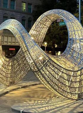 大型不锈钢雕塑定制白钢水景浪花圆环月亮发光景观抽象金属大摆件