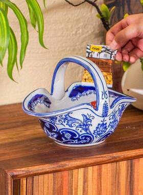 盘新中式陶瓷提水果篮点心陶瓷装饰摆件陶瓷收纳篮花瓷篮手青02提