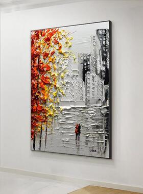 手绘油画挂画黑白城市漫步玄关背景墙装饰画抽象立体轻奢客厅餐厅
