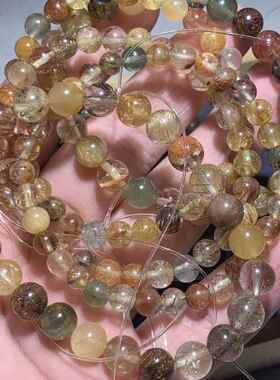 洁绿星碧玺发晶红金兔毛超七极光23幽0灵月石光手链项链散珠