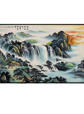 新中式纯手绘油画源远流长风景画靠山图办公室会议室客厅大幅挂画