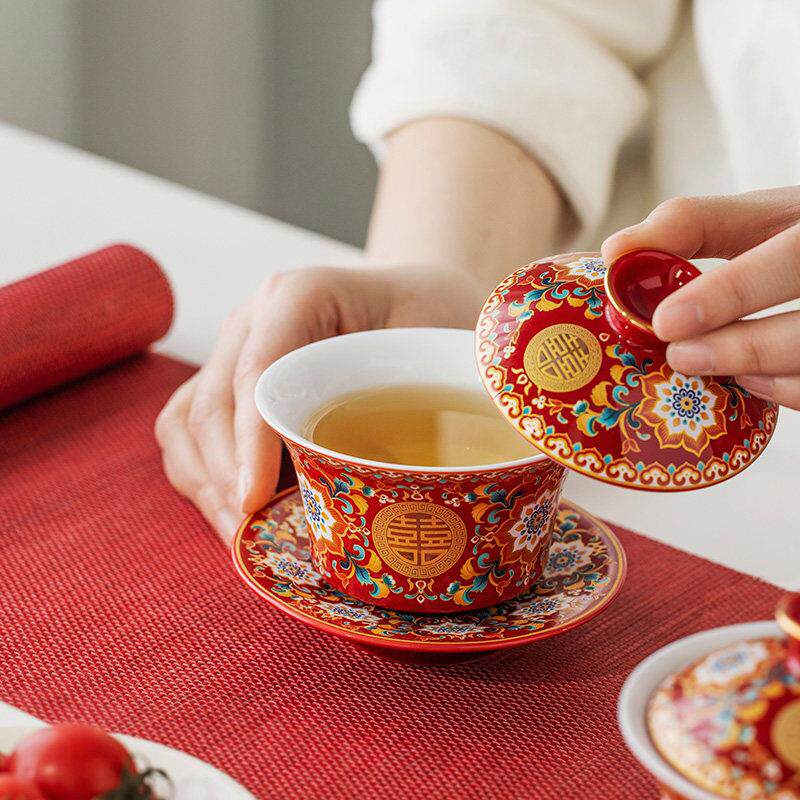 Enamel wedding tea set with lotus and happy characters. Newlyweds’ tea bowl, lid and kettle set. Wedding dowry festival