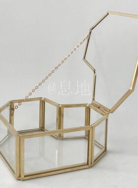 617A包邮直销几何金色铜条心形收纳盒子首饰盒玻璃小盒子