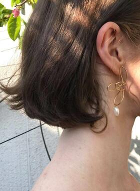 Korea Design Metal Gold Geometric Irregular Circle耳坠珍珠