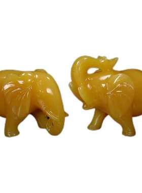 黄玉大象摆件玉石一对装饰品雕刻客厅米黄玉工艺品厂家吸水大象