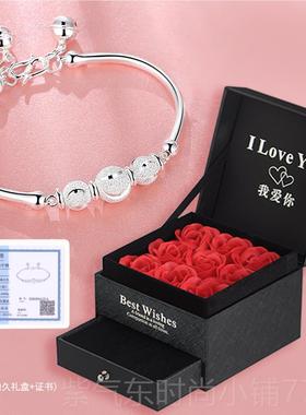 高档手链手镯宫9银99纯银女圆珠足银饰简约铃银铛镯子小众设计开