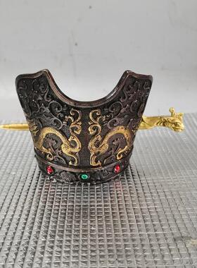 铜器宝石鎏金古代皇帝双龙帝王发冠摆件龙凤发髻老物件