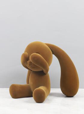 现代简约卡通植绒长耳蒙眼笑脸兔子摆件玄关卧室儿童房家居装饰品