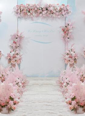 唯美粉色梦幻主题婚庆仿真花酒店橱窗婚礼布置背景墙t台花墙装饰