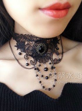 哥特风复古流苏串珠疤痕蕾丝项链