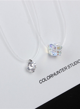 925纯银透明鱼线项链闪钻锆石彩水晶立方吊坠脖链隐形锁骨链颈链