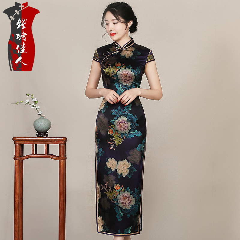 初秋旗袍中长款短袖桑蚕丝女士改良真丝优雅旗