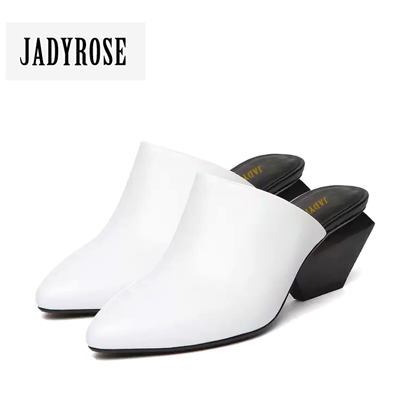 jadyrose旗舰店jadyrose高跟尖头真皮凉拖女夏外穿时尚穆勒鞋拖鞋粗跟女士凉鞋女2