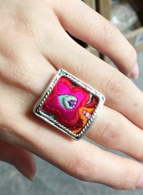 老新款民族风苗银刺绣戒指指环女