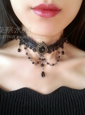 复古华丽风串珠水晶黑色蕾丝项链