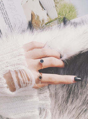 韩国黑色镶钻小圆形戒指褪色玫瑰