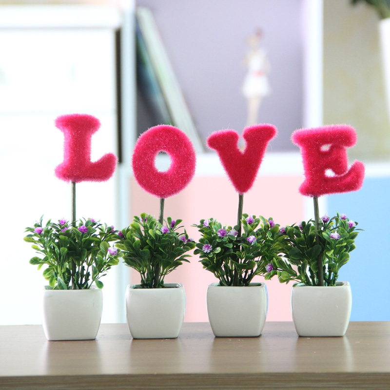 迷你模擬植物裝飾花家裝飾品結婚禮物陶瓷擺設 LOVE毛球盆栽擺件