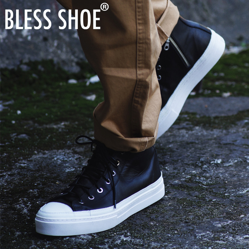 BLESS SHOE B7 classic zip黑色真皮高帮休闲板鞋侧拉链男女鞋-图3