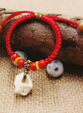 小孩婴儿桃核桃蓝朱砂红绳手链
