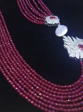 绿玛瑙多层纯银镶嵌锆石珍珠项链