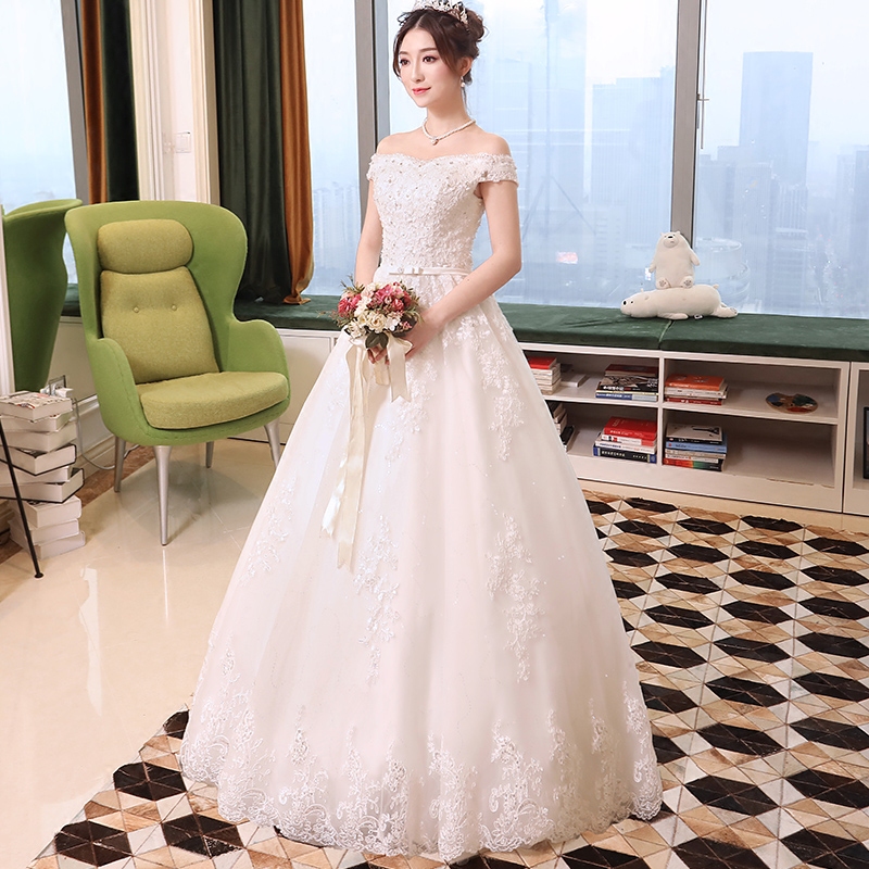 dvt旗舰店小个子轻婚纱裙礼服年新款气质新娘一字肩白色简约法式夏季女1