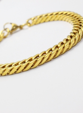 不掉色金色嘻哈古巴钛钢男手链