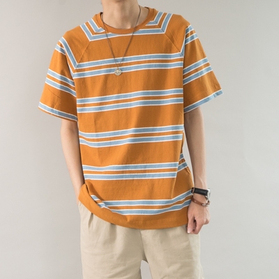 Lab store 橘子丑柑色短袖插肩宽松版 oversize 条纹圆领tee恤男