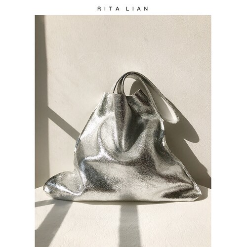 RitaLian原创设计托特包 极简随性休闲运动大容量银色单肩小众包 - 图1