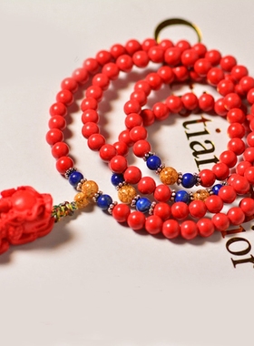 天然红朱砂108粒手链 红朱砂貔貅手链 108颗天然红朱砂手串