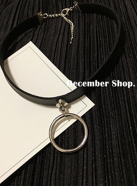 手作韩国同款日系几何圆环朋克皮质锁骨链choker黑色金属网红项圈