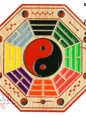 桃木彩绘 雕刻 太极 虎头 狮咬剑八边 八角镜 家居风水 八卦镜